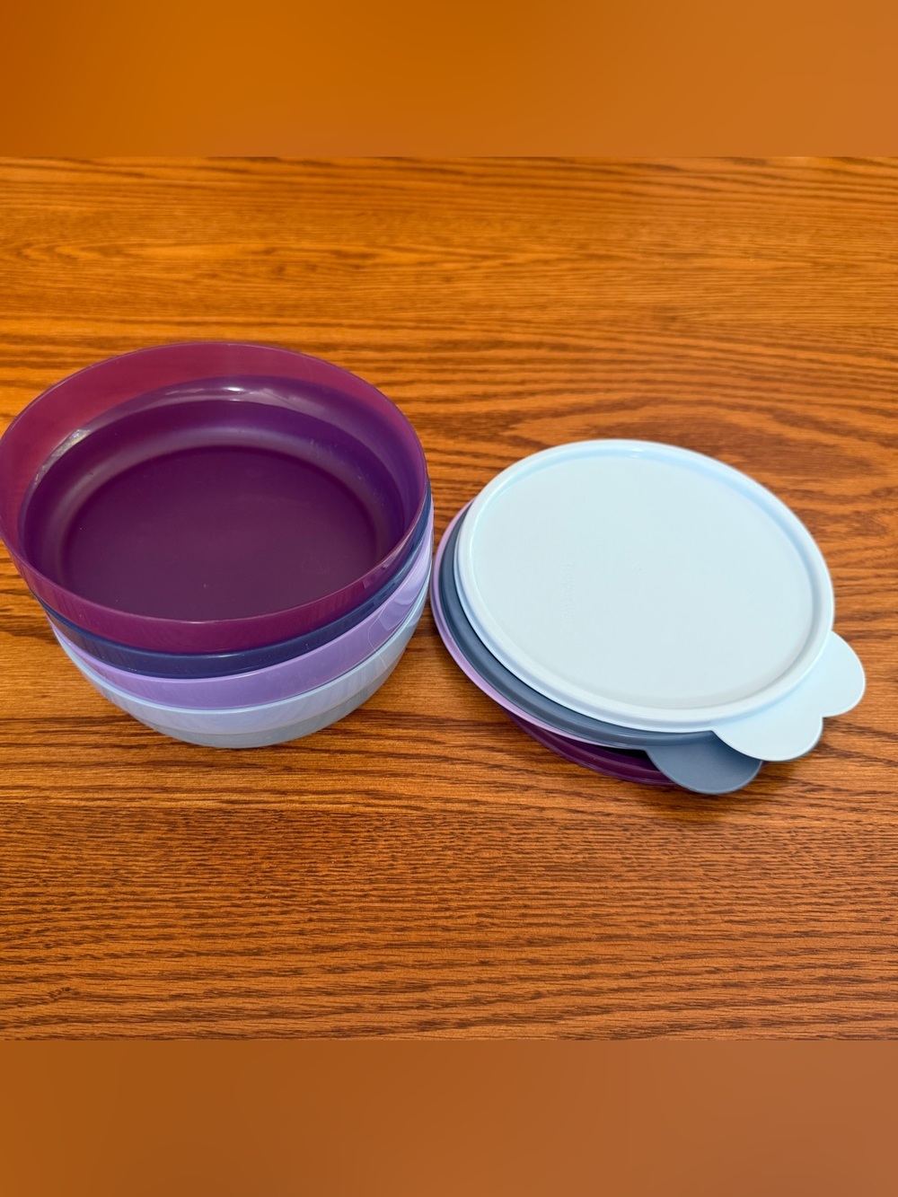 Tupperware Purple and Blue Microwave Reheatable Cereal  Bowls Matching Lids NWOT